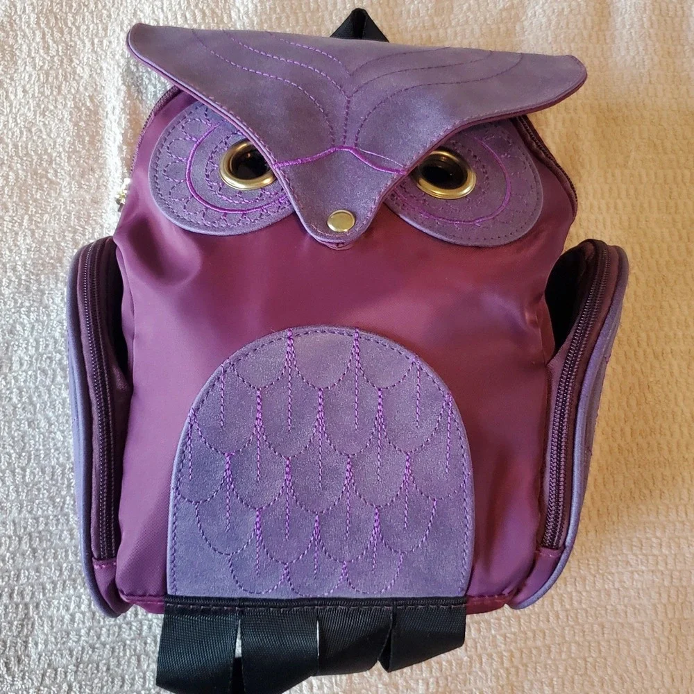 Kids/ teens Purple Owl Animal Backpack Whimsical Nylon Faux Suede Small Bag